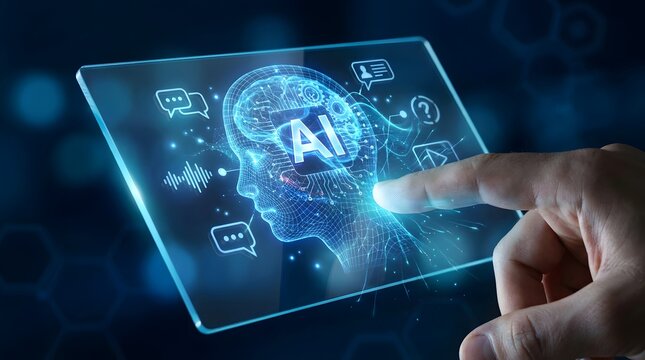 Artificial intelligence concept with a human head display on a tablet screen