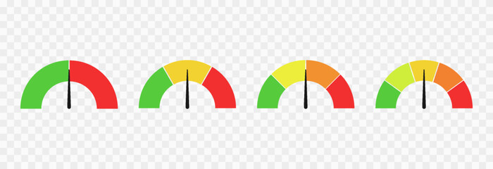 Obraz premium Set of colorful indicator icons for speed, risk, and ratings, ranging from low to high. Gauge or dashboard PNG.