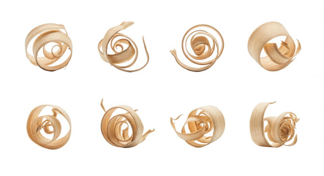 wood shavings arranged artfully on white backdrop suggesting carpentry and woodworking use with bright studio lighting
