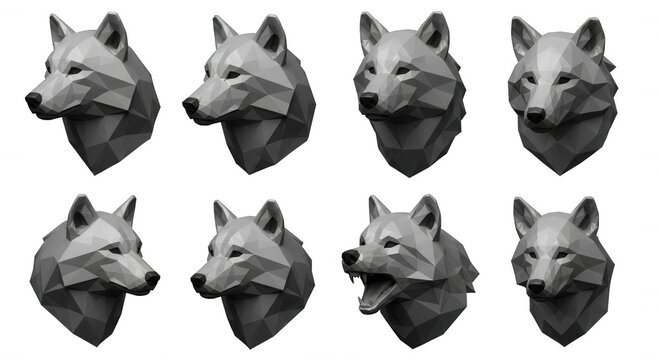 low poly wolf heads in various angles and expressions on white background design elements and educational resources