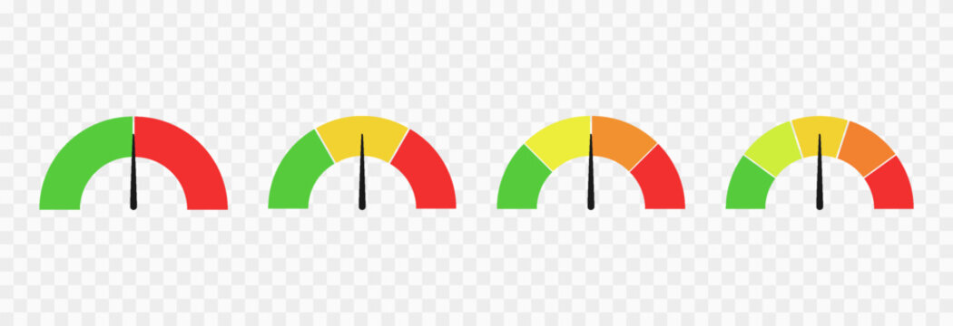 Set of colorful indicator icons for speed, risk, and ratings, ranging from low to high. Gauge or dashboard PNG.