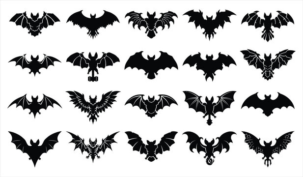 Set of various black bat silhouettes for halloween decorations isolated on white background for seasonal party design elements