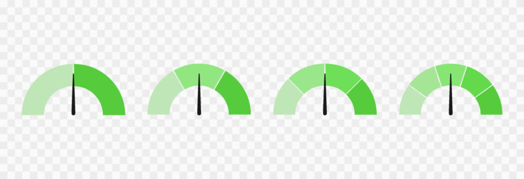 Set of colorful indicator icons for speed, risk, and ratings, ranging from low to high. Gauge or dashboard PNG.