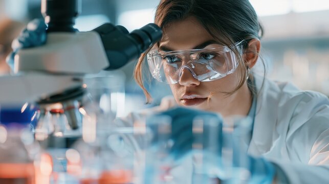 Female scientist conducting research with laboratory samples inside a modern medical biotechnology facility, captured with soft natural light and generous copy space
