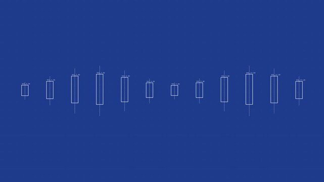 Blueprint architecture of financial market trading with white candlestick charts on blue grid