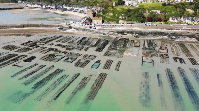 Drone shot of oyster farming near Cancale, seafood production areas on the French coast