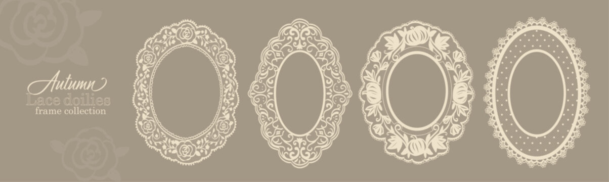 Lace doily frame set with floral autumn theme shapes. Oval whimsical paper lace in crochet style with decorative squiggle borders. Vector whimsy botanical silhouettes shapes for scrapbooking, wedding.