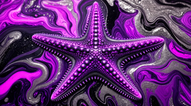 Vibrant purple starfish with textured bumps and spines on swirling magenta black silver glitter abstract fluid background