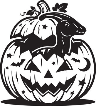 Dinosaur inside a Halloween pumpkin. Cute parasaurolophus emerging from a jack-o-lantern., Generative Ai