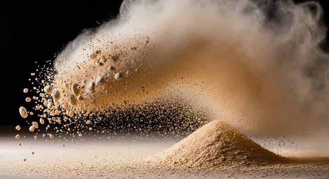 Fine Powdery Substance Exploding and Scattering in Dynamic Motion Captured Mid-Air