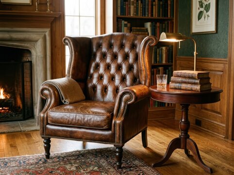 Classic brown leather wingback armchair in a cozy library room with a fireplace and side table holding books and a drink