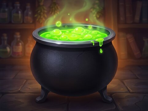 Black iron witch cauldron with boiling green magic potion bubbling inside in a dark room with shelves of bottles in the background