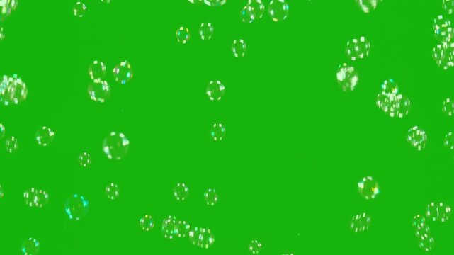 Transparent Bubbles Chroma. A large number of soap bubbles moving in one direction against a green background. Great for use in blending