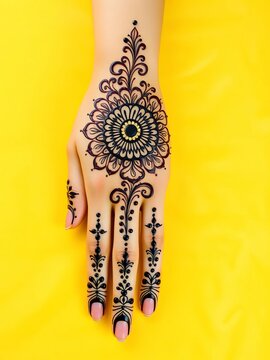 Henna design on cloudy yellow background, with subtle texture, ||cloudy, decoration