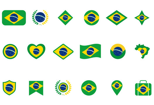 Brazil Symbols, Brazilian Flag  Icons Set Collection with Modern Flat Symbols and Geometric Design Vector
