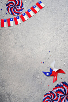 Chilean flag decorations with confetti celebrating national holiday