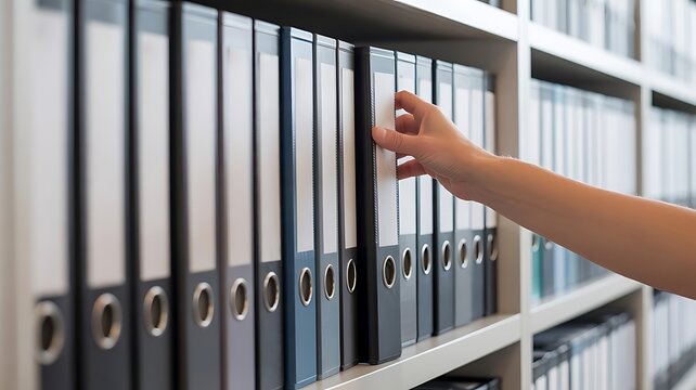 A person hand reaching to select a black binder from a shelf filled with many organized office folders in a document archive room