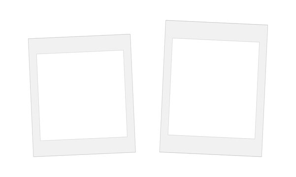 Two tilted square instant photo frames with white borders and transparent centers arranged side by side on transparent background.