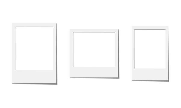 Set of three empty retro photo frames on transparent background, instant film photo print template mockups with shadow.