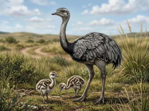 Adult rhea bird standing with two small chicks in the green grassy field during a sunny day
