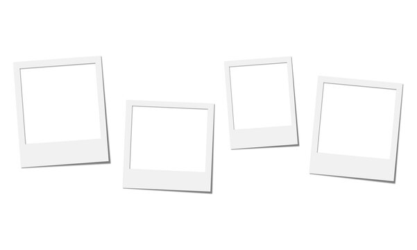 Set of four vintage polaroid photo frames with white borders on transparent checkered background, retro style.