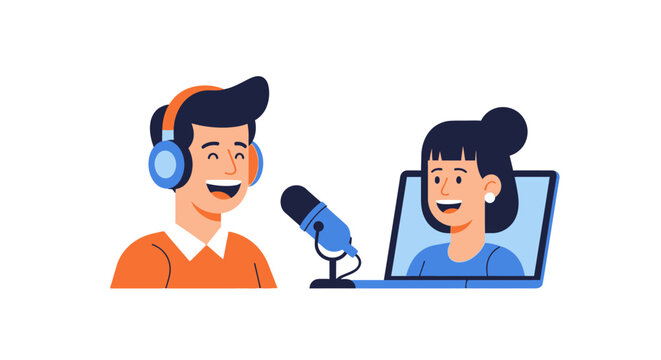 Podcast Remote Interview Vector Illustration of a Man Recording Audio with a Microphone while Interviewing a Woman on a Laptop Screen