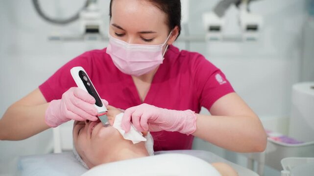 Professional facial skincare procedure performed by a qualified specialist in an aesthetic medicine clinic. Healthy skin, cosmetic care, facial rejuvenation, wellness and modern beauty concept.