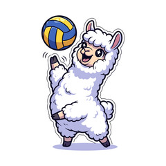 Naklejka premium Happy Cartoon Llama Playing Volleyball in Vibrant Colors