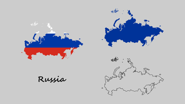 Russia map set. Russia map vector on flag, blue, and outline. Russia map on gray background