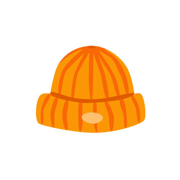 Flat vector illustration of a classic ribbed knitted beanie hat, isolated on white. Cozy autumn and winter headwear for apparel, textile, fabric, print and seasonal design.