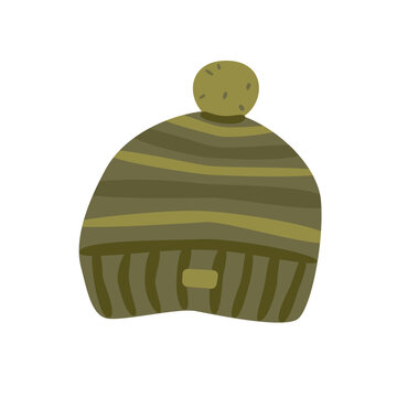 Flat vector illustration of a cozy knitted striped beanie hat with pompom, isolated on white. Cute autumn and winter headwear for apparel, textile, fabric, print and seasonal design.
