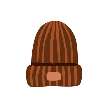 Flat vector illustration of a classic ribbed knitted beanie hat, isolated on white. Cozy autumn and winter headwear for apparel, textile, fabric, print and seasonal design.