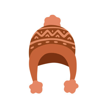 Flat vector illustration of a cozy knitted earflap winter hat with pompom and geometric pattern, isolated on white. Cute autumn and winter headwear.