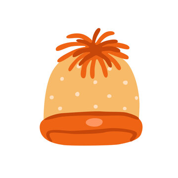 Flat vector illustration of a cozy knitted beanie hat with pompom and dotted pattern, isolated on white. Cute autumn and winter headwear for apparel, textile, fabric, print and seasonal design.