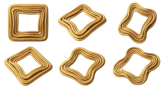 six golden wavy layered square diamond and abstract frames isolated on a white backdrop for creative design or artistic use