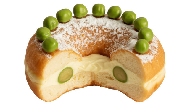 Filled donut topped with green grapes and powdered sugar on transparent background cutout set.