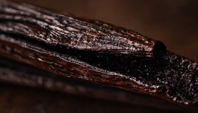Extreme close up macro shot of a single dark brown vanilla bean pod showing the textured surface and tiny black seeds inside the split husk