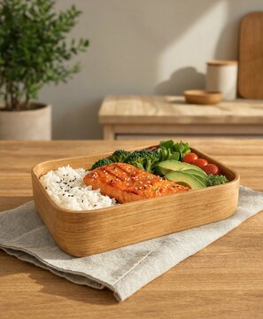 Healthy wooden bento box filled with fresh vegetables and rice