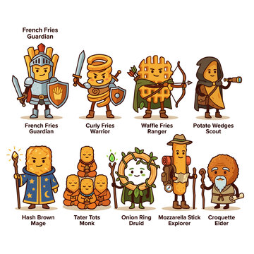 Cute fried snack food characters as fantasy RPG classes.