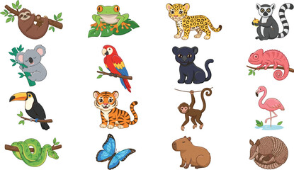 Fototapeta premium Cute Tropical Wildlife Animal Collection with Sloth, Frog, Leopard, Parrot, Flamingo, Snake, Monkey and Jungle Characters Vector Set