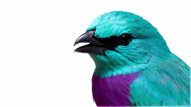Close-up studio portrait of a vibrant turquoise bird with a rich purple chest. High-key isolated white background