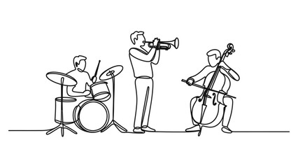 Continuous single line drawing of a jazz band with a drummer trumpet player and cellist isolated on a white background Vector, illustration © Dipa Roy
