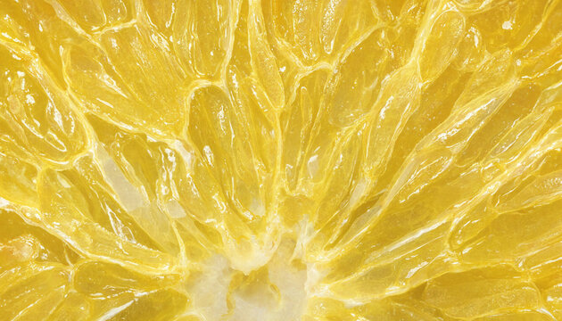 Extreme macro close up of a fresh yellow citrus fruit slice showing the detailed pulp, juice vesicles, and translucent segments of an orange