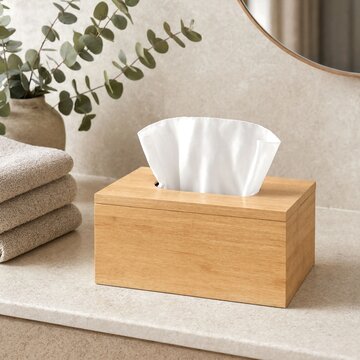 Wooden tissue box holding paper towels on bathroom countertop