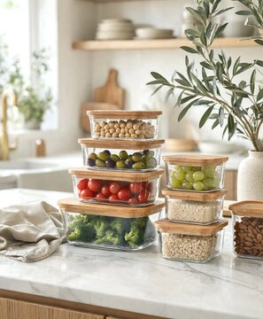 Stacked glass food containers with fresh vegetables and wooden lids on kitchen counter