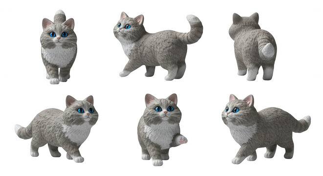 3d rendered gray cat posing in multiple positions against white background for animation or illustrations