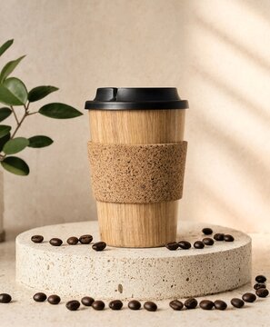 Eco friendly bamboo coffee cup with cork sleeve on concrete stand surrounded coffee beans