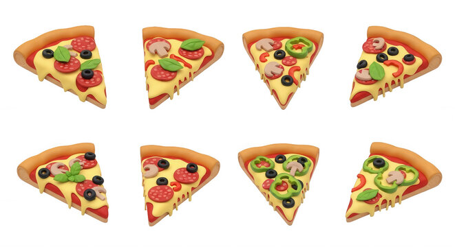 pizza slices arranged in a pattern on white ready for a food themed design or culinary project
