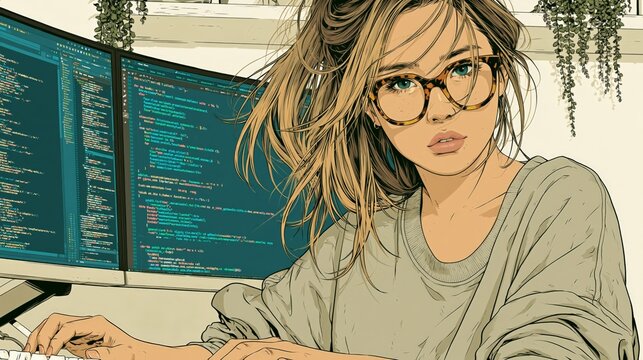 Young woman wears round glasses, focused on code