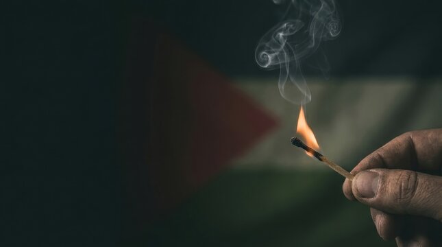 A hand holds a burning match with smoke rising against a blurred flag Inflation Deflation